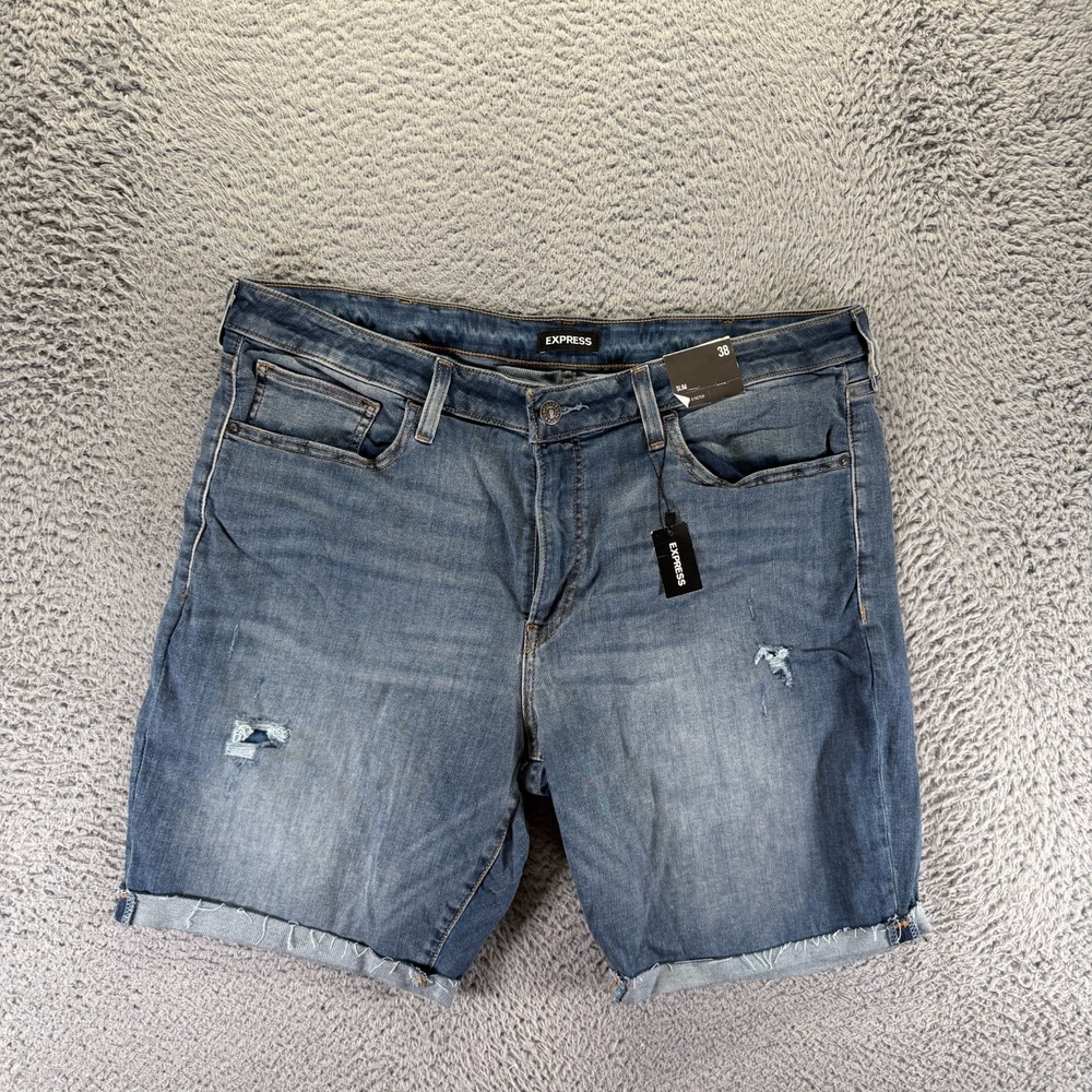 Express Shorts Mens 38 Blue Cotton Denim Bermuda Slim-Fit Faded Jorts Stretch